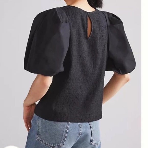 By Anthropologie Women's Black Mixed Media Puff Sleeve Textured Blouse Medium - Picture 2 of 10